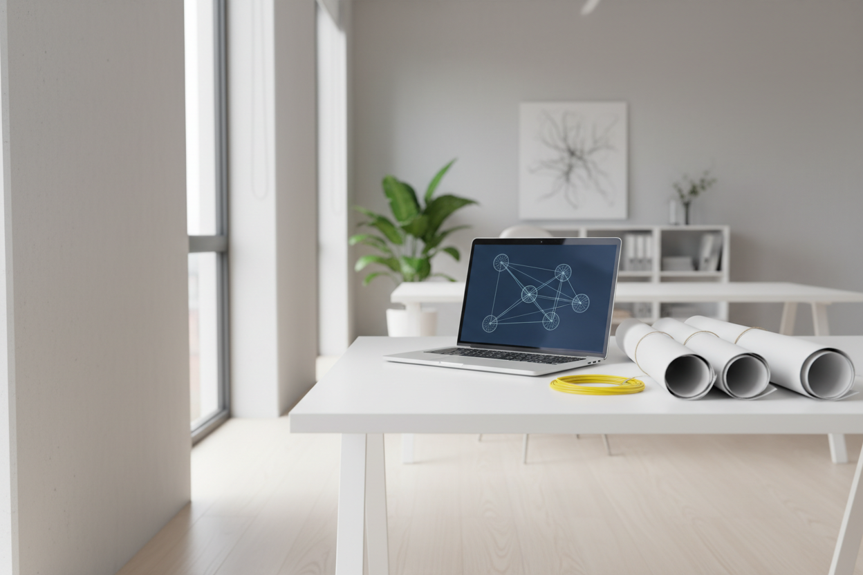 Modern engineering office with technical blueprints and fiber optic equipment