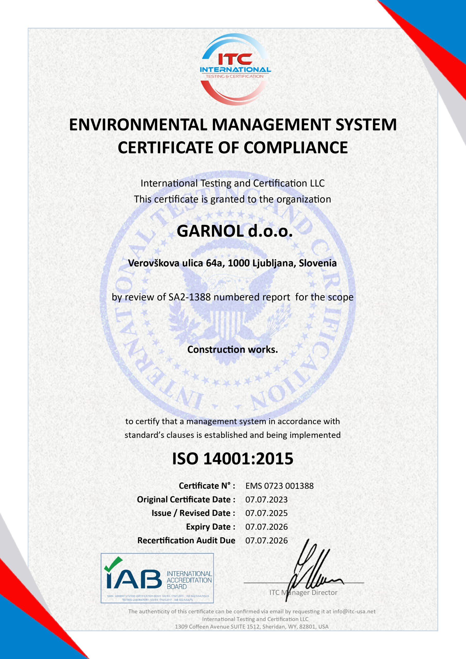 ISO 14001:2015 Environmental Management System Certificate