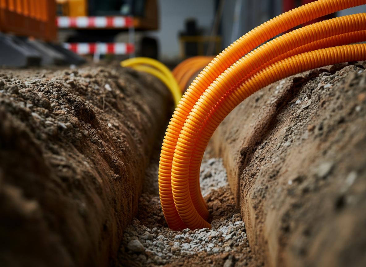 Close-up of fiber optic cable installation in a specialized trench