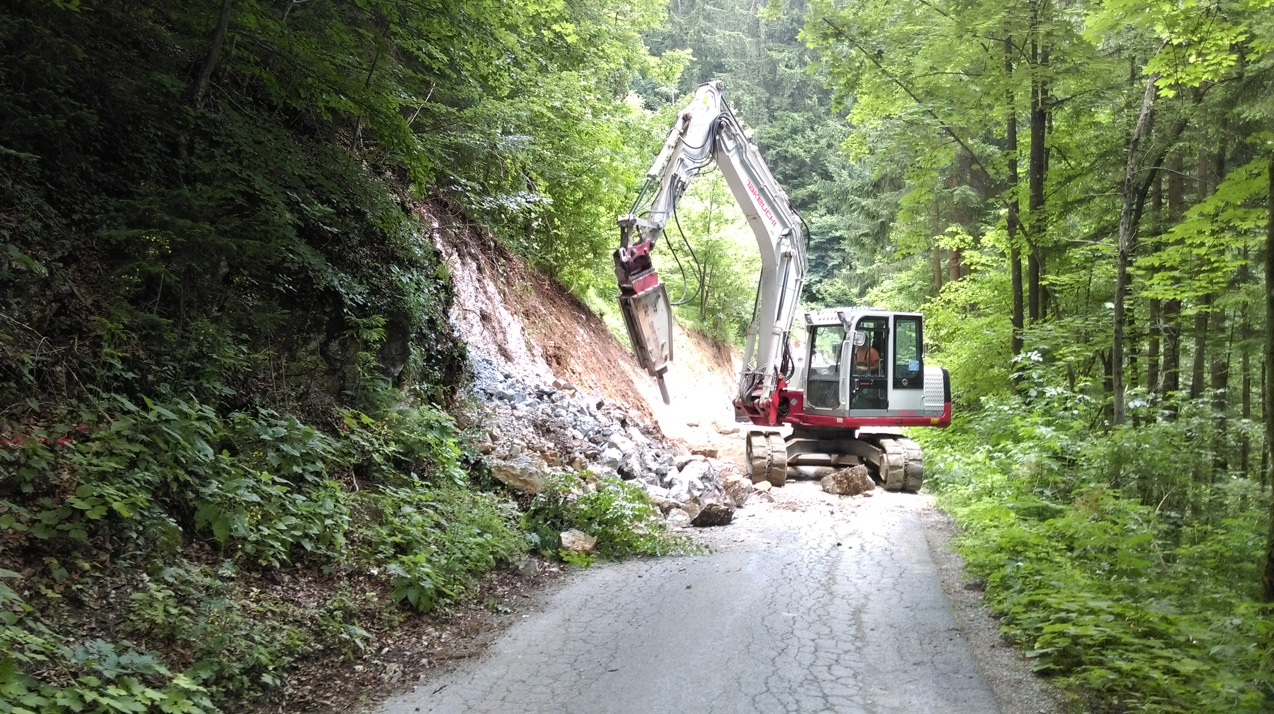 Excavator clearing debris on a forest road